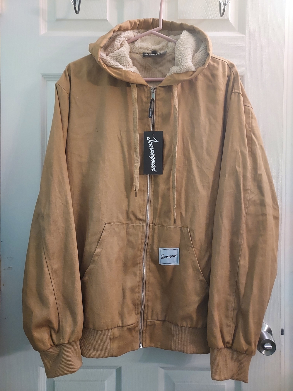 Journeyman Brown Hooded Canvas Work Jacket, featuring a cozy sherpa fleece-lined